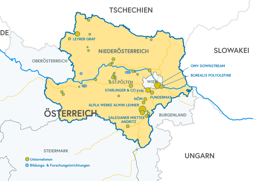 Landkarte Niederösterreich Unternehmen Bildungs- und Forschungseinrichtungen